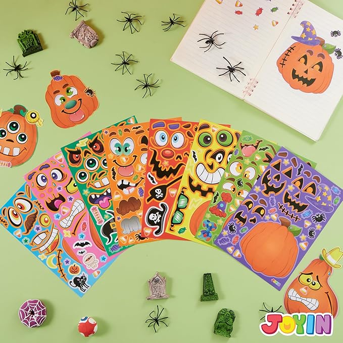 JOYIN 24 Pcs Halloween Pumpkin Decorating Stickers, Party Favor for Kids, Halloween Art Crafts Party Supplies, Pumpkin Face Sticker with 8 Designs, Halloween Treats Classroom Activities Games