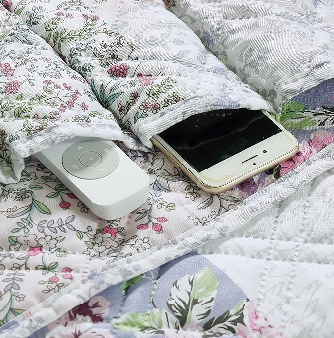 Brilliant Sunshine Rose Toile Couch Sofa Armrest 5 Pockets Organizer, Slip Resistant Recliner Armchair Caddy, Washable Remote Controls Holder, Storage for Magazine, Tablet, iPad, 35×13", Blue Pink