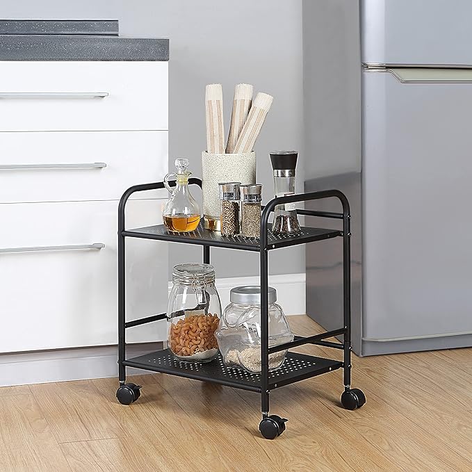 SunnyPoint 2-Tier Metal Rolling Utility Cart – Mobile Storage Shelf with Caster Wheels – Small Space Organizer for Home, Office, Bedroom, Kitchen (BLK)