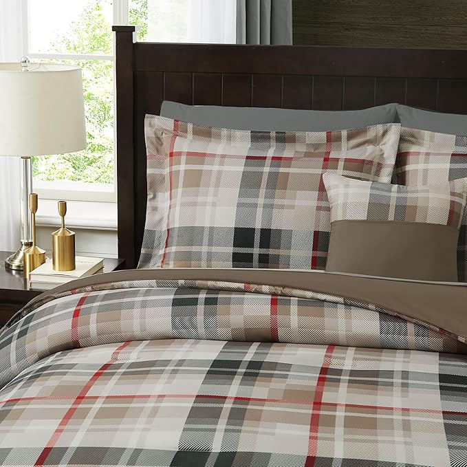 MaiRêve Twin XL Comforter Set, Plaid Design Comforter Set 5 Pieces,Twin XL Comforter for Dorm Farmhouse All Season Lightweight &Comfy with Fitted Sheet, Flat Sheet (Khaki, 66"x90")