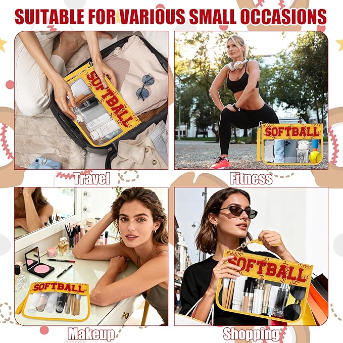 BuyCard Softball Gifts Makeup Bag with Chenille Letter Patch, Clear Cosmetic Pouch PVC Organizer Purse, Waterproof Travel Bag, Portable Toiletry Storage Bag for Her Friends