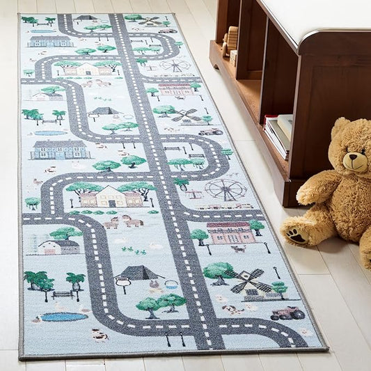 SAFAVIEH Kids Playhouse Collection Runner Rug - 2'2" x 8', Blue & Dark Grey, Non-Shedding Machine Washable & Slip Resistant Ideal for High Traffic Areas for Boys & Girls in Playroom (KPH235M)