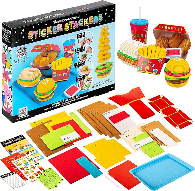 Fashion Angels Fast Food Sticker Stackers, Foam Sticker Stacking Set with 3D Modeling, Includes Play & Pretend Food Stackable Stickers, Craft Activity Kit for Kids