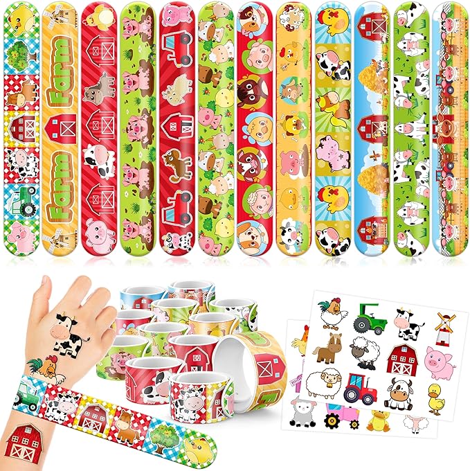 48PCS Farm Animal Party Favors - 24PCS Tattoos & 24PCS Slap Bracelets - Barnyard Birthday Supplies, Cow & Tractor Decorations, Gifts for Girls & Boys
