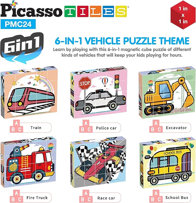 Picasso Cubes Magnetic Cube Puzzle 6-in-1 Vehicle Theme Pattern Magnet Brain Teaser Cubes Building Block 120 Pictures Toy Set Kids Ages 3 & Up Preschool Children Promotes Problem PMC24