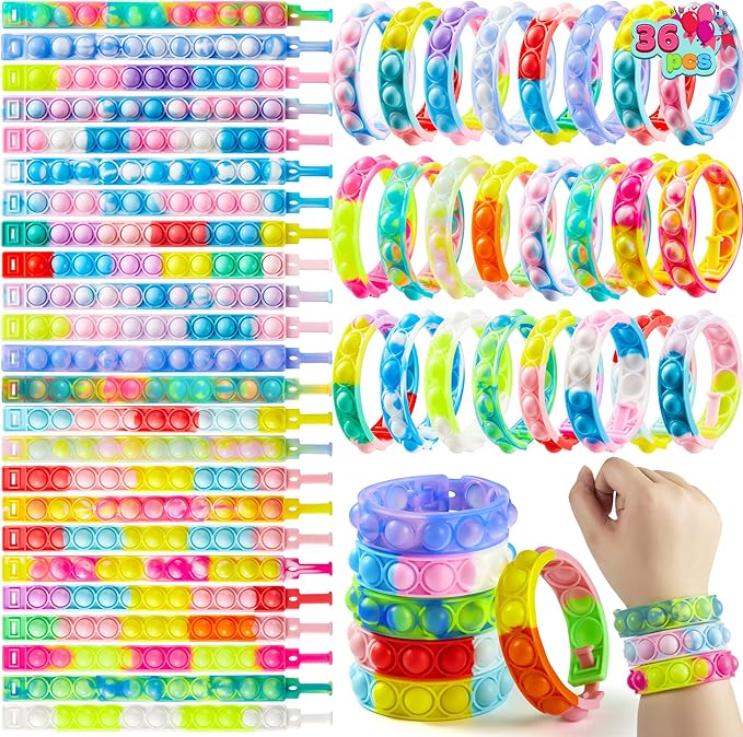 JOYIN 36 Packs Valentines Day Pop Fidget Bracelet, Multicolor Stress Relief Finger Press Bracelets Wristband Fidget Toys for Kids Valentine's Classroom Exchange, Valentine's Party Favors