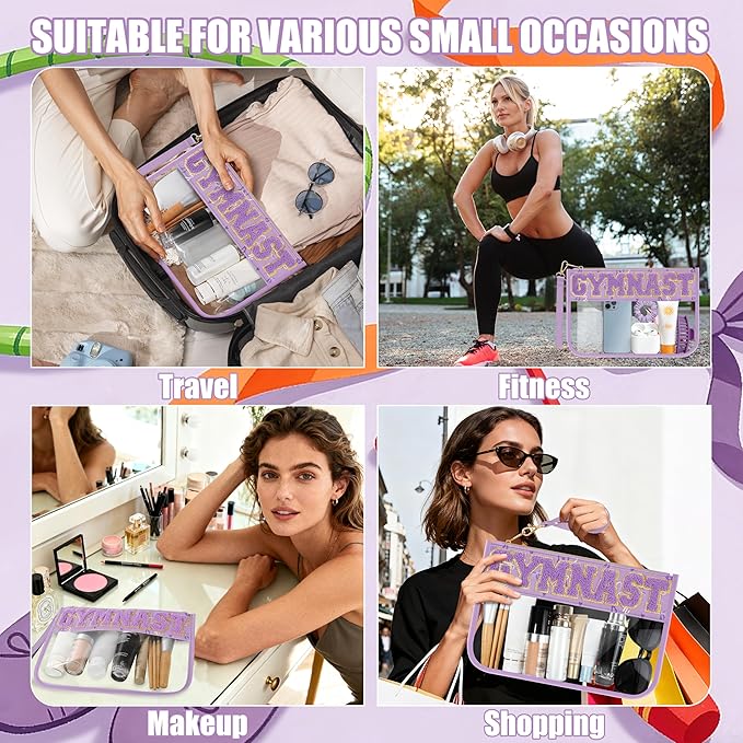 BuyCard Gymnastics Gifts Cosmetic Makeup Bag with Chenille Letter Patch, Clear Pouch PVC Organizer Purse, Waterproof Travel Bag, Portable Toiletry Storage Bag for Her Girls Friends Women
