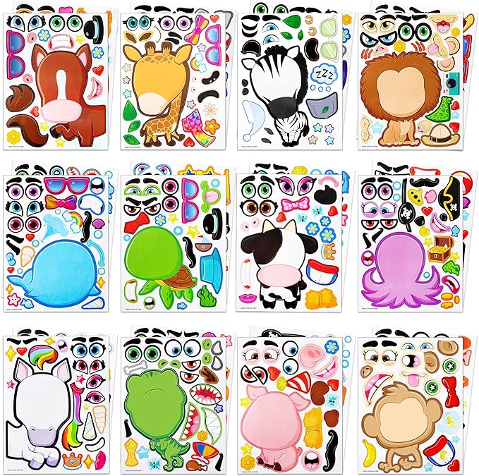 JOYIN 24PCS 9"x6" Make a face Stickers for Kids, Make Your Own Stickers, Mix and Match with Safaris Sea Farm and Dinosaur Animals, Party Favors Kids Crafts, Goodie Bags Stuffers