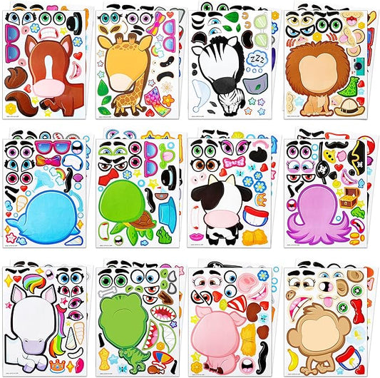 JOYIN 24PCS 9"x6" Make a face Stickers for Kids, Make Your Own Stickers, Mix and Match with Safaris Sea Farm and Dinosaur Animals, Party Favors Kids Crafts, Goodie Bags Stuffers