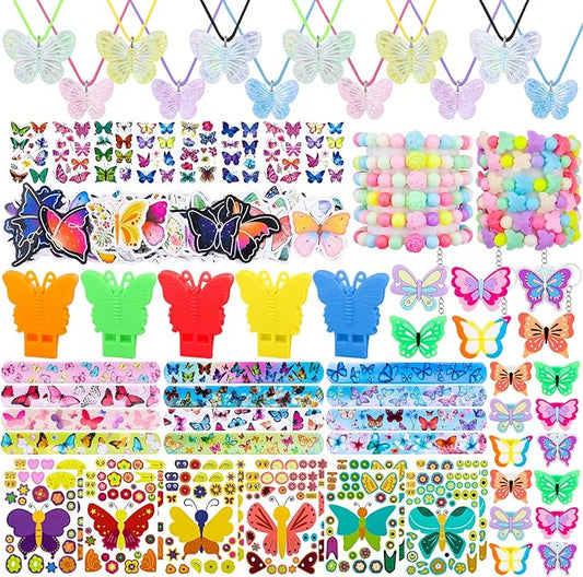 196Pcs Butterfly Party Favors Butterfly Birthday Party Supplies Tattoos Stickers Bracelets Necklaces Rings Whistles Keychains Fairy Party Favors for Girls Birthday Party Favor