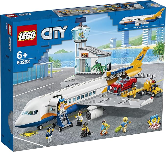 LEGO City Passenger Airplane 60262, with Radar Tower, Airport Truck with a Car Elevator, Red Convertible, 4 Passenger and 4 Airport Staff Minifigures, Plus a Baby Figure (669 Pieces)
