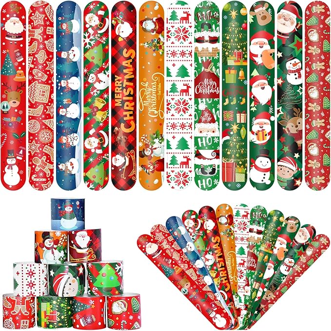 48 Pieces Christmas Slap Bracelets Bulk Party Favors for Kids - 12 Designs Festive Snap Bands, Holiday Goodie Bag Xmas Stocking Fillers, Classroom Prizes Accessories, Wrist Decorations Gifts Supplies