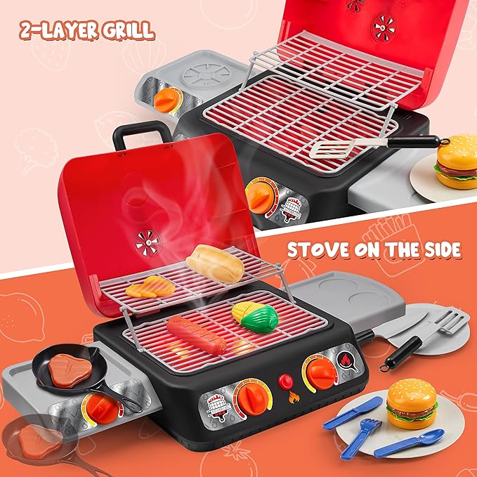 Kids BBQ Grill Playset, Kitchen Toy Set with Pretend Smoke, Light, Sound & Color-Changing Food, Play Kitchen Accessories, Indoor Outdoor Cooking Toy for Boys Girls Kids