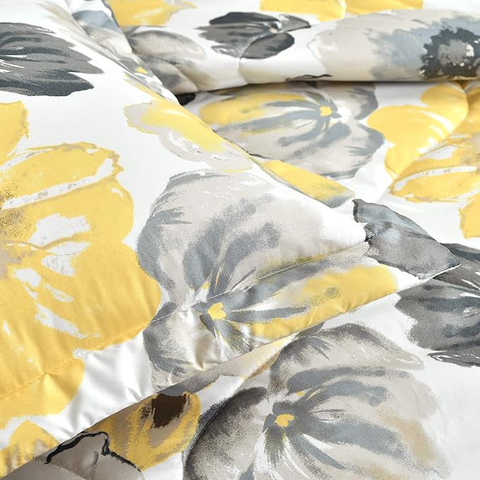 Lush Decor Leah Reversible Comforter Set, 6 Piece Set, King, Yellow & Gray- Watercolor Botanical Comforter Queen Size-Farmhouse Florals Bedding Decor