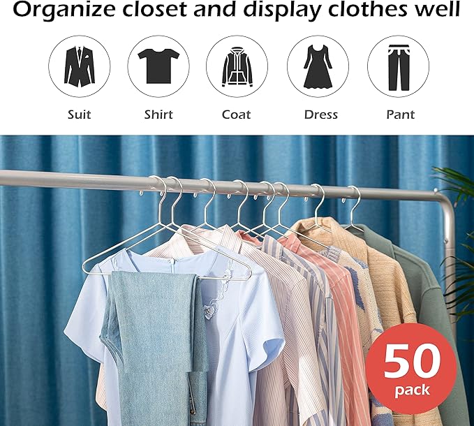 KEETDY 50 Pack Metal Hangers Coat Hangers Heavy Duty Stainless Steel Clothes Hanger for Closet Clothing Shirt Suit Pant 16.4 Inch