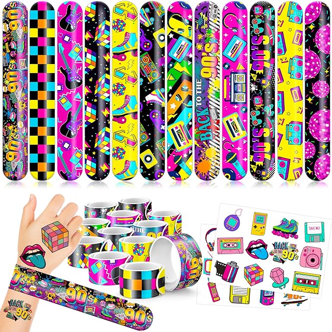 48PCS 90s & 80s Party Favors - 24PCS Tattoos & 24PCS Slap Bracelets, Retro 90s Birthday Party Supplies Decorations, Ideal for Kids’ Classroom Prizes & Rewards for Boys & Girls