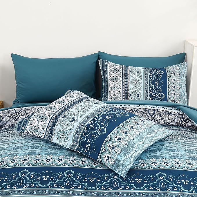 Cottolester Boho Comforter Set California King Size 8 Pieces, Teal Blue Comforter Bohemian Striped Bed in A Bag, Soft Microfiber Bedding Set for All Seasons