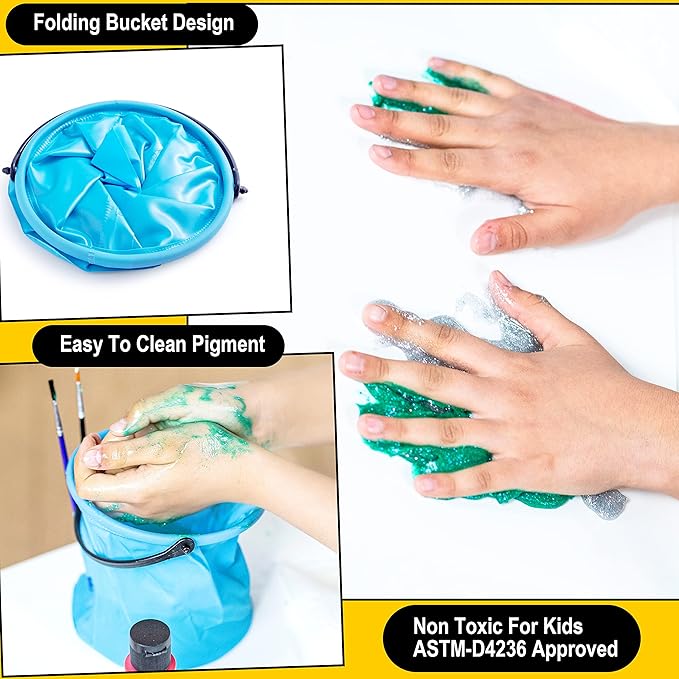 JOYIN 12PCS Washable Kids Tempera Paint Set (2 oz Each), Liquid Poster Paint with 6 Brushes, 2 Palette & 1 Paint Brush Clean Bucket, Non-Toxic Kids Paint for Finger Painting, Hobby Painters