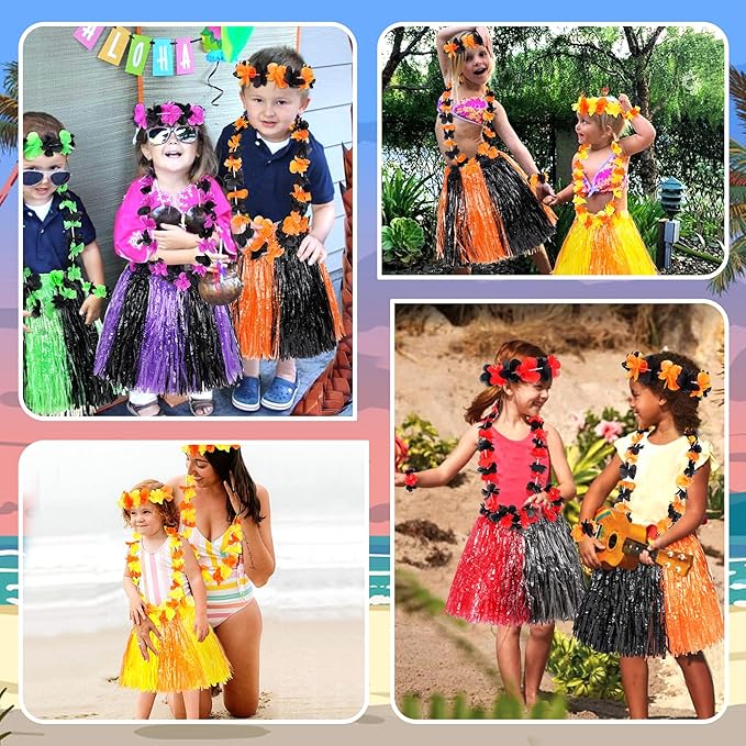 Fortuning's JDS Girl's Hawaiian Hula Grass Skirt for Party Outfits Kids Flowers Costume for Luau Tropical Beach Party Decor
