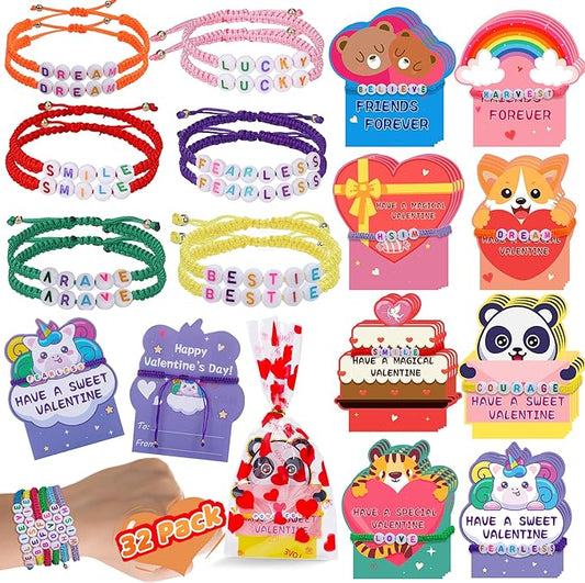 32Pack Valentines Day Gifts for Kids Classroom, Valentines Cards with Friendship Bracelets Goodie Bag, Girls Boys Students Valentine Greeting Cards Bracelets School Prizes Exchange Gifts Party Favors