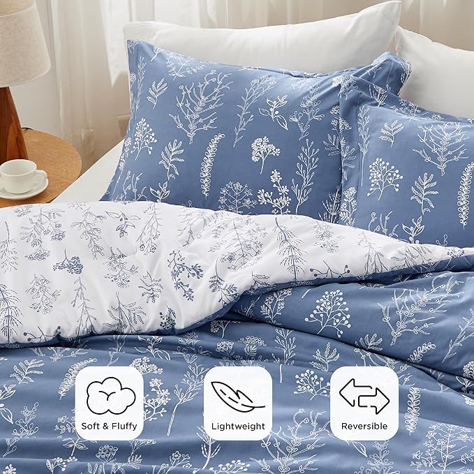 Bedsure Full Comforter Set - Infinity Blue Bed Set, 3 Pieces Cute Floral Bedding, 1 Soft Reversible Botanical Flowers Comforter and 2 Pillow Shams