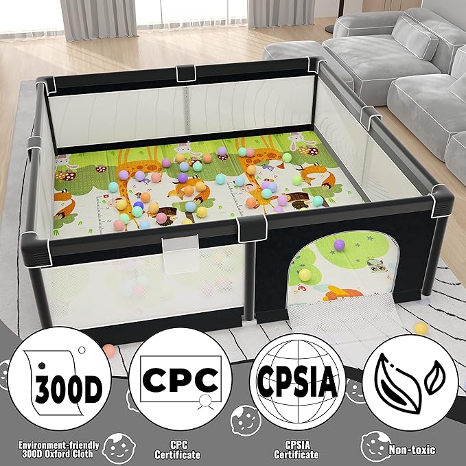 LUTIKIANG Extra Large 79" x 71" Baby Playpen with Mat, Baby Gate Play Yard, Portable Toddler Playpen, Large Play Pen for Babies, Mat Included, Play Area for Babies and Toddlers (Black)