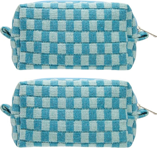 PAZIMIIK Checkered Makeup Bag for Purse Portable Zipper Make Up Pouch Small Cosmetic Case for Travel Accessories (2PCS Lake Blue)