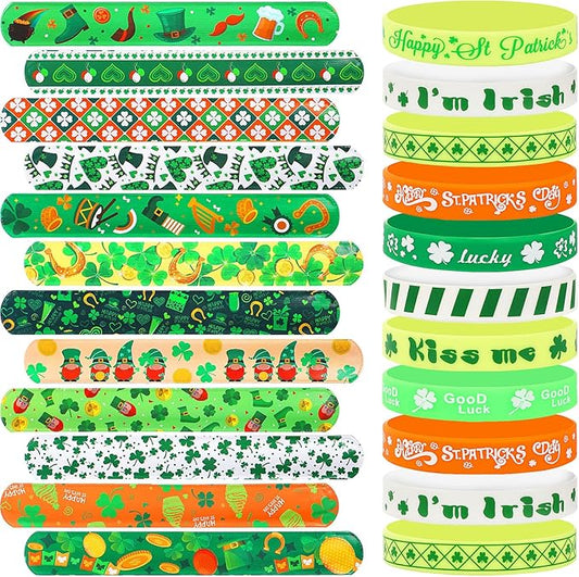 JUNEBRUSHS 50Pcs St Patricks Day Party Favors Slap Bracelets Rubber Bracelets, Assorted Silicone Wristbands Snap Bracelets for Kids St Patricks Day Classroom Gifts St Patricks Day Goodie Bag Stuffers