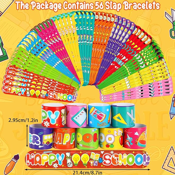 JUNEBRUSHS 100 Days of School Slap Bracelets, 56 Pcs Slap Bracelets for Kids 100th Day of School Party Favors Decorations Snap Bracelets Wristbands for Kindergarten Classroom Student Rewards