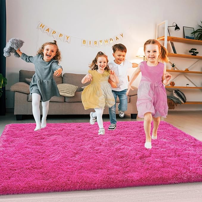 Xexsin Ultra Fluffy Area Rugs for Living Room Bedroom, 6x9 Fuzzy Large Living Room Rugs, Thick Shag Rug for Dorm, Soft Non Slip Kids Girls Boys Rug for Home Decor Aesthetic, Hot Pink