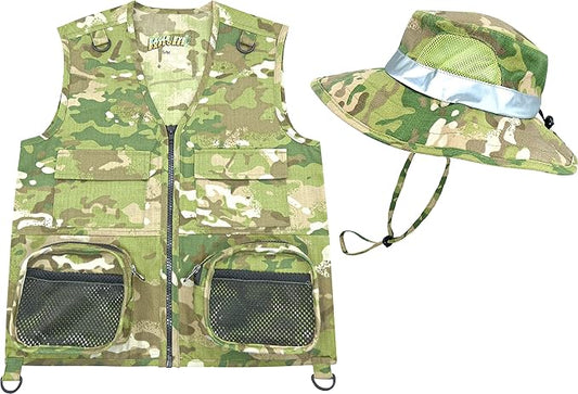Kids Cargo Vest Set Camouflage Vest and Hat Youth S/M Fits Kids Size 4-7 (Camouflage (Hat and Vest), Small/Medium)