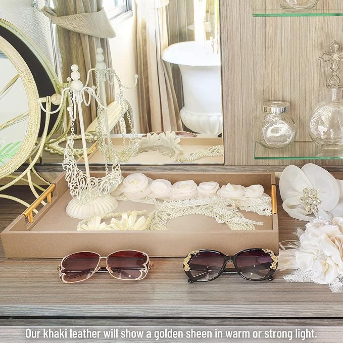 ATZYmolin 17" x 12" Wood Serving Tray with Gold Polished Metal Handles, Home Decorative Wooden Rectangle Ottoman Leather Decor Platter Bathroom Vanity Tray for All Occasions Khaki