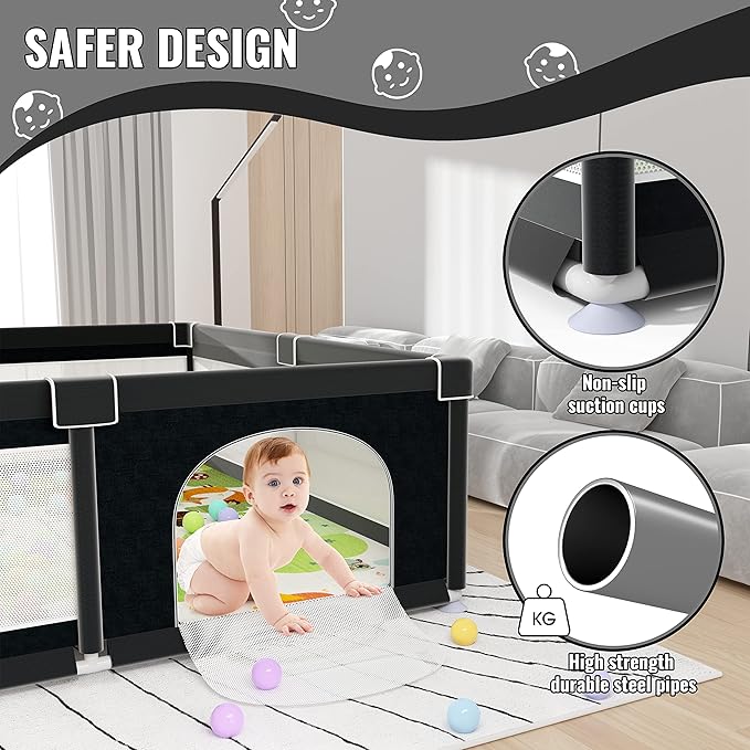 LUTIKIANG Extra Large 79" x 71" Baby Playpen with Mat, Baby Gate Play Yard, Portable Toddler Playpen, Large Play Pen for Babies, Mat Included, Play Area for Babies and Toddlers (Black)