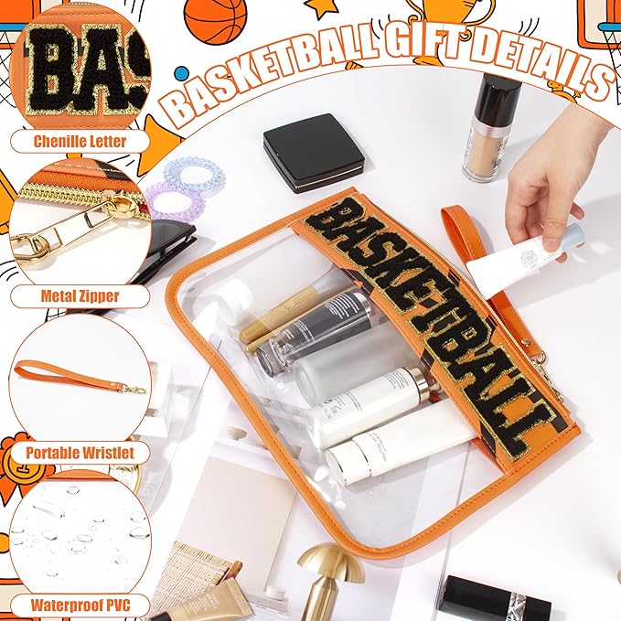 BuyCard Basketball Gifts Makeup Bag with Chenille Letter Patch, Clear Cosmetic Pouch PVC Organizer Purse, Waterproof Travel Bag, Portable Toiletry Storage Bag for Her Friends