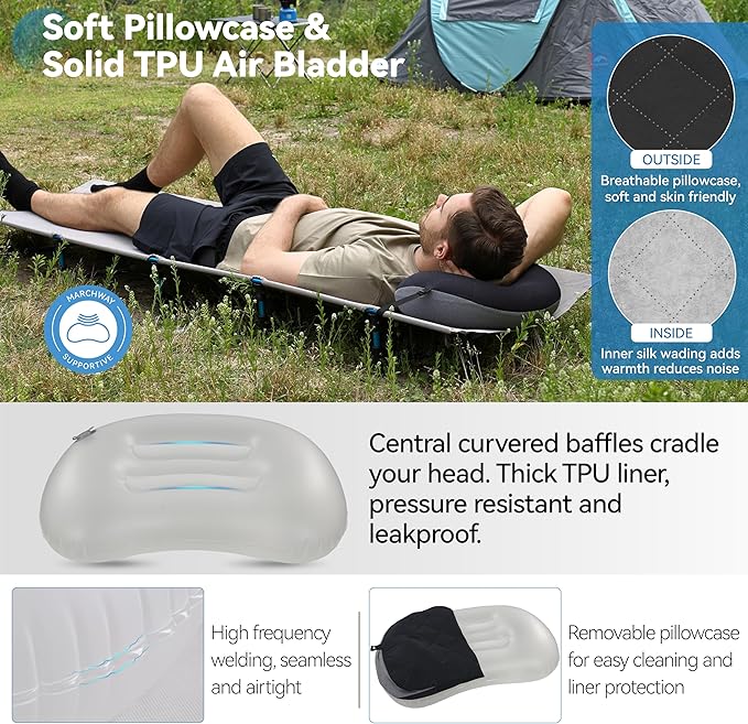 MARCHWAY Ultralight Inflatable Camping Pillow with Soft Washable Cover, Compact Compressible Portable Travel Air Pillow for Outdoor Camp, Sport, Hiking, Backpacking Sleep (Black)