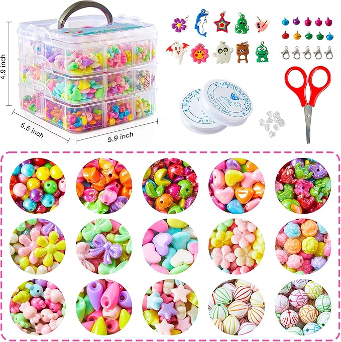 Beads for Kids Crafts, 1100 Jewelry Making Kit Includes Scissor, String, Instruction and Accessories for Bracelet Making, Toys for Girls by Inscraft