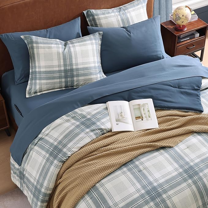MaiRêve Plaid Queen Comforter Sets, Blue Grey Grid Farmhouse Bedding Set Bed in A Bag, Classic Checkered Comforter Sets with Fitted & Flat Sheet, Pillowcases & Shams(Blue Grey, 90"x90")
