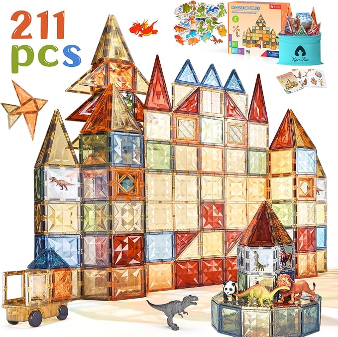 VigorFun Magnetic Tiles Set, Magnet Tiles Building Blocks with Car Animal Models and Stickers, Construction Educational STEM Sensory Toys Gifts for 3 4 5 6 7 8 + Year Old Kids Toddlers Boys Girls