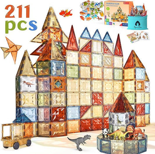VigorFun Magnetic Tiles Set, Magnet Tiles Building Blocks with Car Animal Models and Stickers, Construction Educational STEM Sensory Toys Gifts for 3 4 5 6 7 8 + Year Old Kids Toddlers Boys Girls