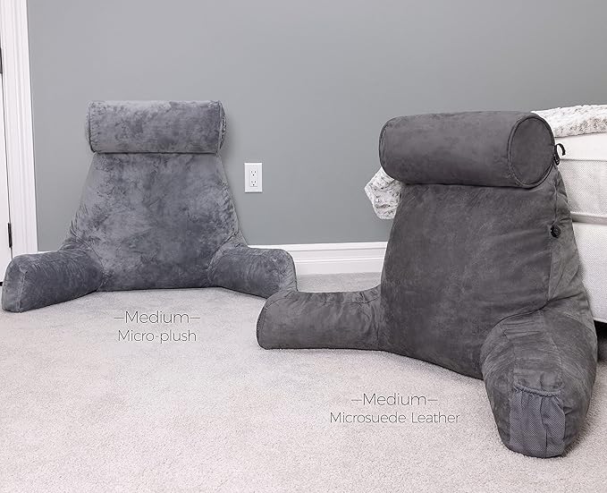 Husband Pillow Medium Aspen Edition Iron Grey, Sit Up Reading & Bed Rest with Arms, Ultra-Comfy, Detach Neck Roll - Premium Shredded Memory Foam Backrest, Reverses to Micro: Suede or Plush