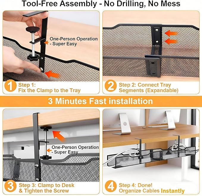 No Drill Under Desk Cable Management Tray, Extended-Length Metal Mesh Wire Organizer with Heavy Duty Clamp Mount for Home Office Standing Desk - Damage Free Cord Organization Solution