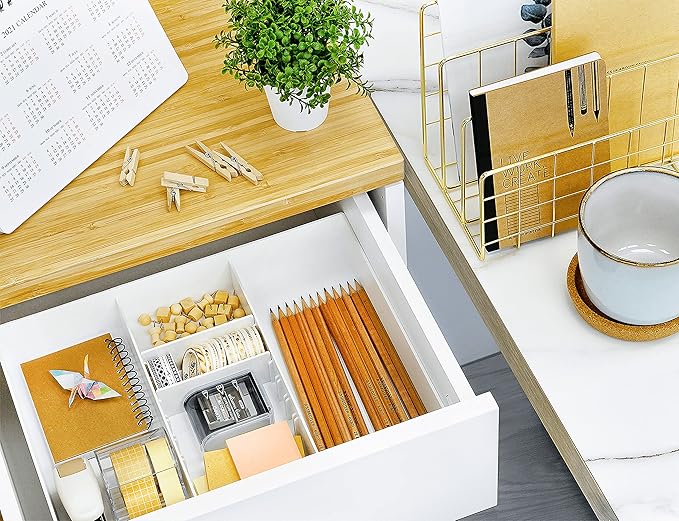 CAXXA 2PK - 3 Slot Drawer Organizer with Two Adjustable Dividers - 5 Compartments Drawer Storage Junk Drawer Organizer for Office Desk Supplies and Accessories, White