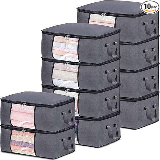 10 Pack Clothes Storage Bags with Zipper, 45L Foldable Blanket Storage Box with Clear Window Sturdy Handles for Closet, Dorm, Pillows, Bedding, Sheet, Comforter, Gray