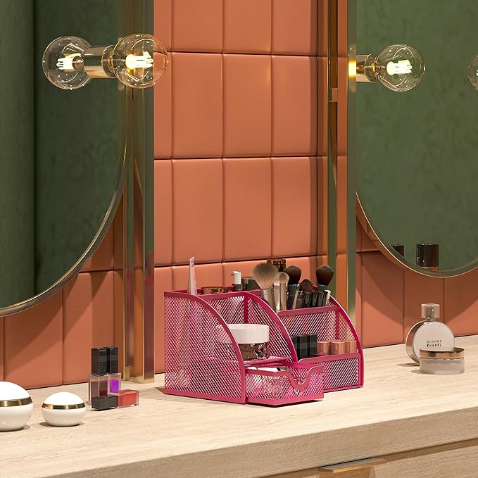 EasyPAG Mesh Desk Organizer with Drawer Multi-functional Pen Holder Stationery Organizer for Office School Supplies 6 Compartments Dorm Organizers and Storage for Desk, Hot Pink