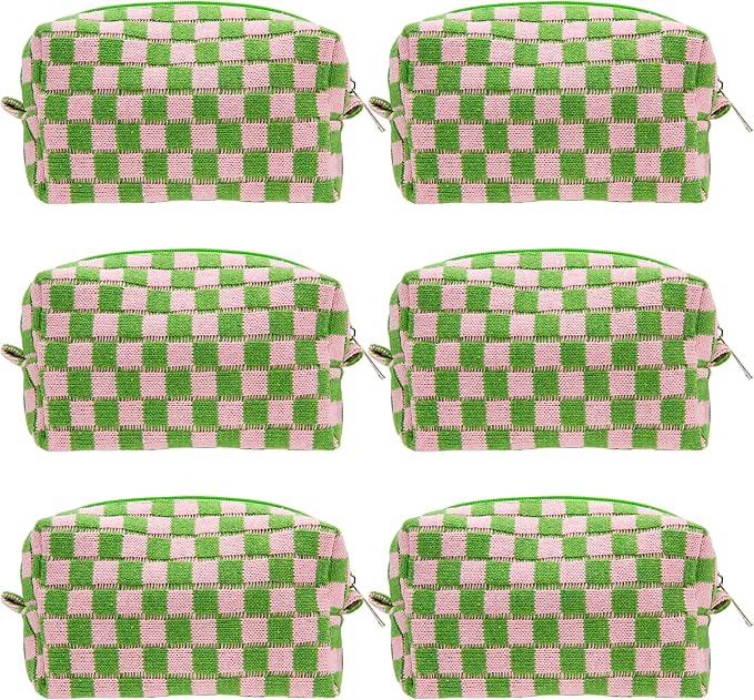 PAZIMIIK 6PCS Checkered Makeup Bag for Purse Portable Zipper Make Up Pouch Small Cosmetic Case for Travel Accessories Pink Green