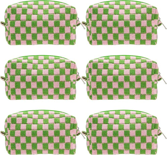 PAZIMIIK 6PCS Checkered Makeup Bag for Purse Portable Zipper Make Up Pouch Small Cosmetic Case for Travel Accessories Pink Green