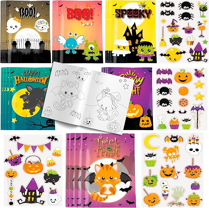 Halloween Coloring Books with Stickers 48 Pack Halloween Treat Prizes Non Candy Gifts for Kids Boys or Girls Halloween Activity Book Party Favor Supplies Trick or Treat Goody Bag Bulk Fillers