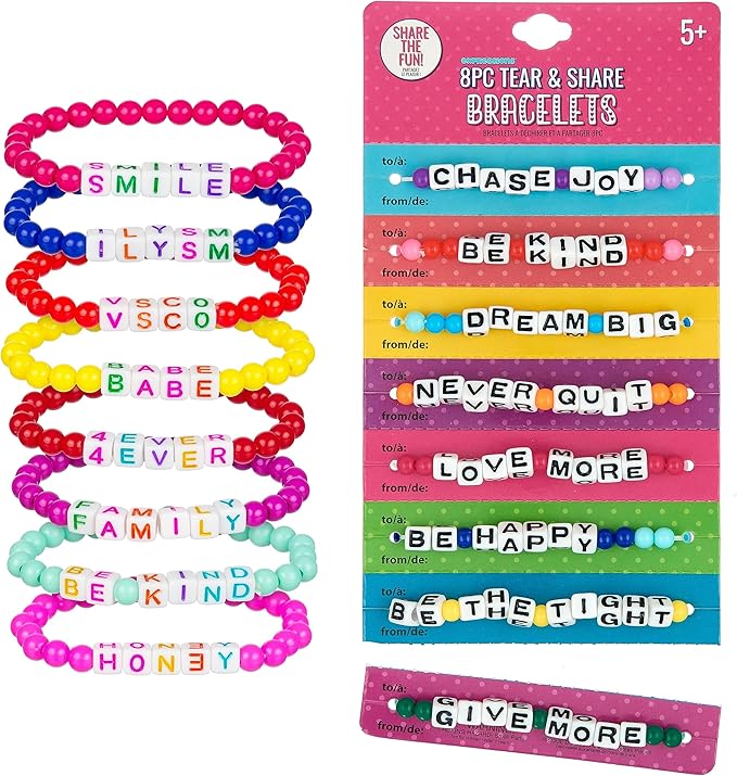 Expressions 16pc Tear & Share Bracelets w/ BRIGHT Beads - Novelty Message Bracelets To Share With Friends, Colorful Letter Beaded Bracelets, Shareable Party Favor Jewelry For Kids And Teens
