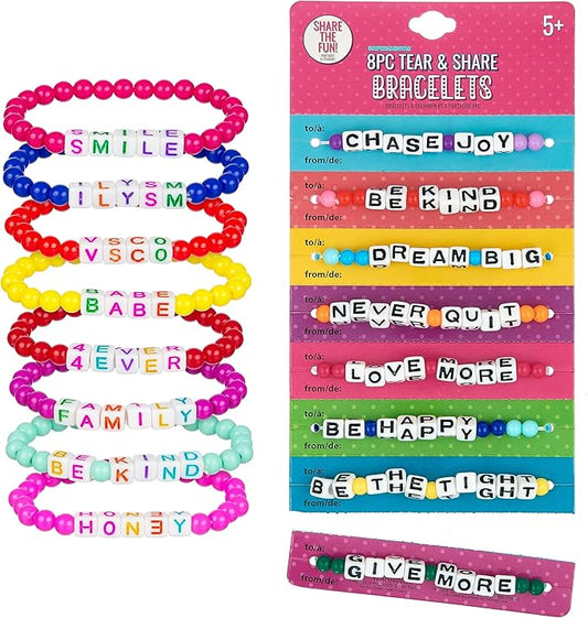 Expressions 16pc Tear & Share Bracelets w/ BRIGHT Beads - Novelty Message Bracelets To Share With Friends, Colorful Letter Beaded Bracelets, Shareable Party Favor Jewelry For Kids And Teens