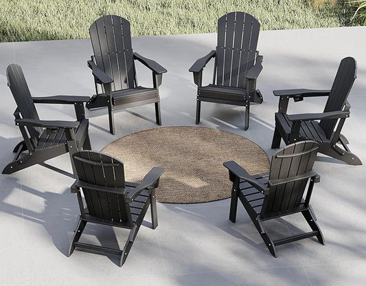 Plawdlik Folding Adirondack Chair Set of 6, Cup Holder，Wooden Textured ，Heavy All-Weather HDPE Comfortable Set Poolside Backyard Lawn, Black